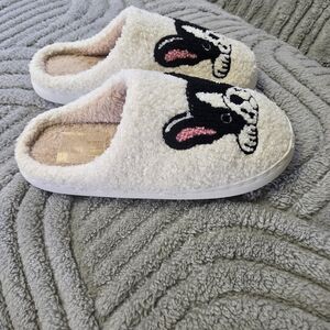 Cozy White Fuzzy Slippers with Black & Pink Dog Accent
